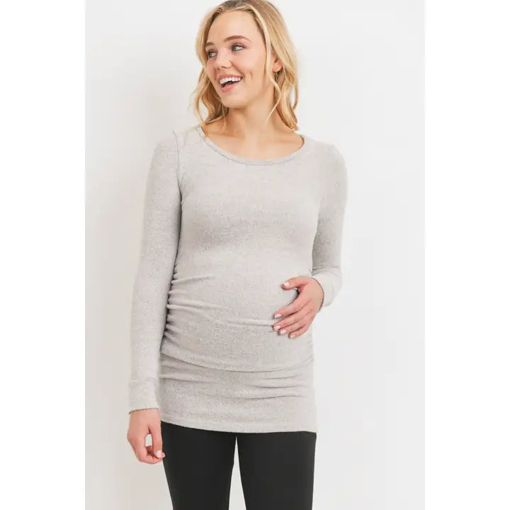 Ruched Long Sleeve Maternity Knit Top| Grey