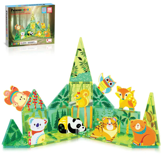 PicassoTiles 26 Piece Forest Animal Magnet Tile Set