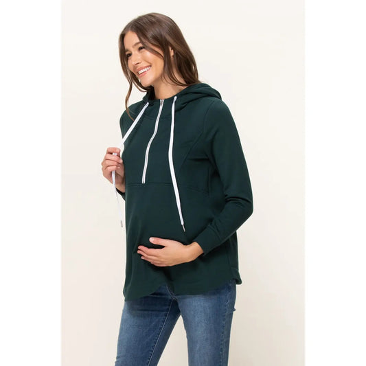 Green French Terry Half-Zip Maternity Nursing Hoodie