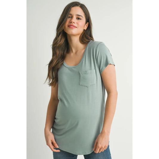 Sage Round Neck Maternity Nursing Pocket T-Shirt