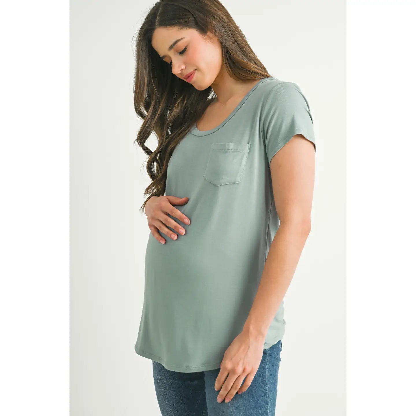 Sage Round Neck Maternity Nursing Pocket T-Shirt