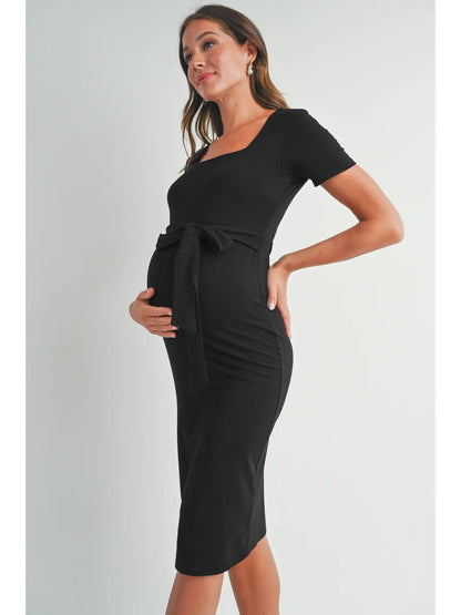 Square Neck Belted Maternity Midi Dress