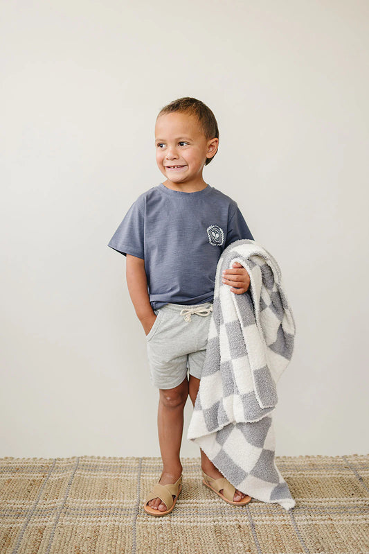 Grey Checkered Plush Baby Blanket