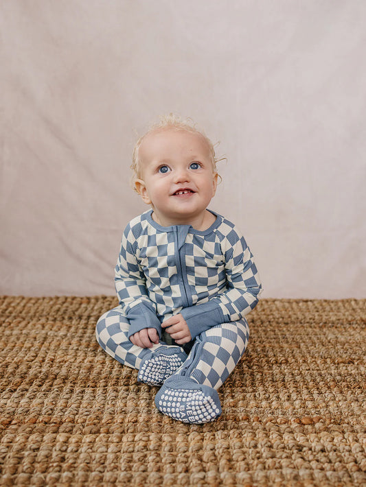 Blue Checkered Bamboo Zipper